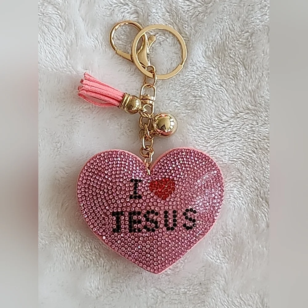 Pink I Heart Jesus Keychain with Gold Accents Bag Charm